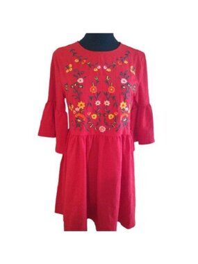 Women's Red Embroidered Babydoll Dress with bell sleeves, size Small